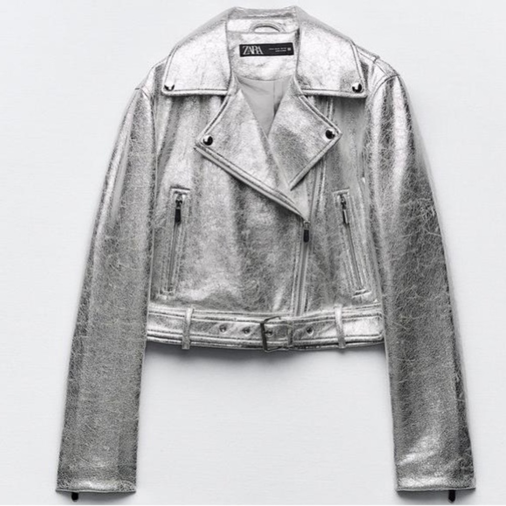 ❤️ Zara Women's Shiny Silver Leather Moto Jacket XS